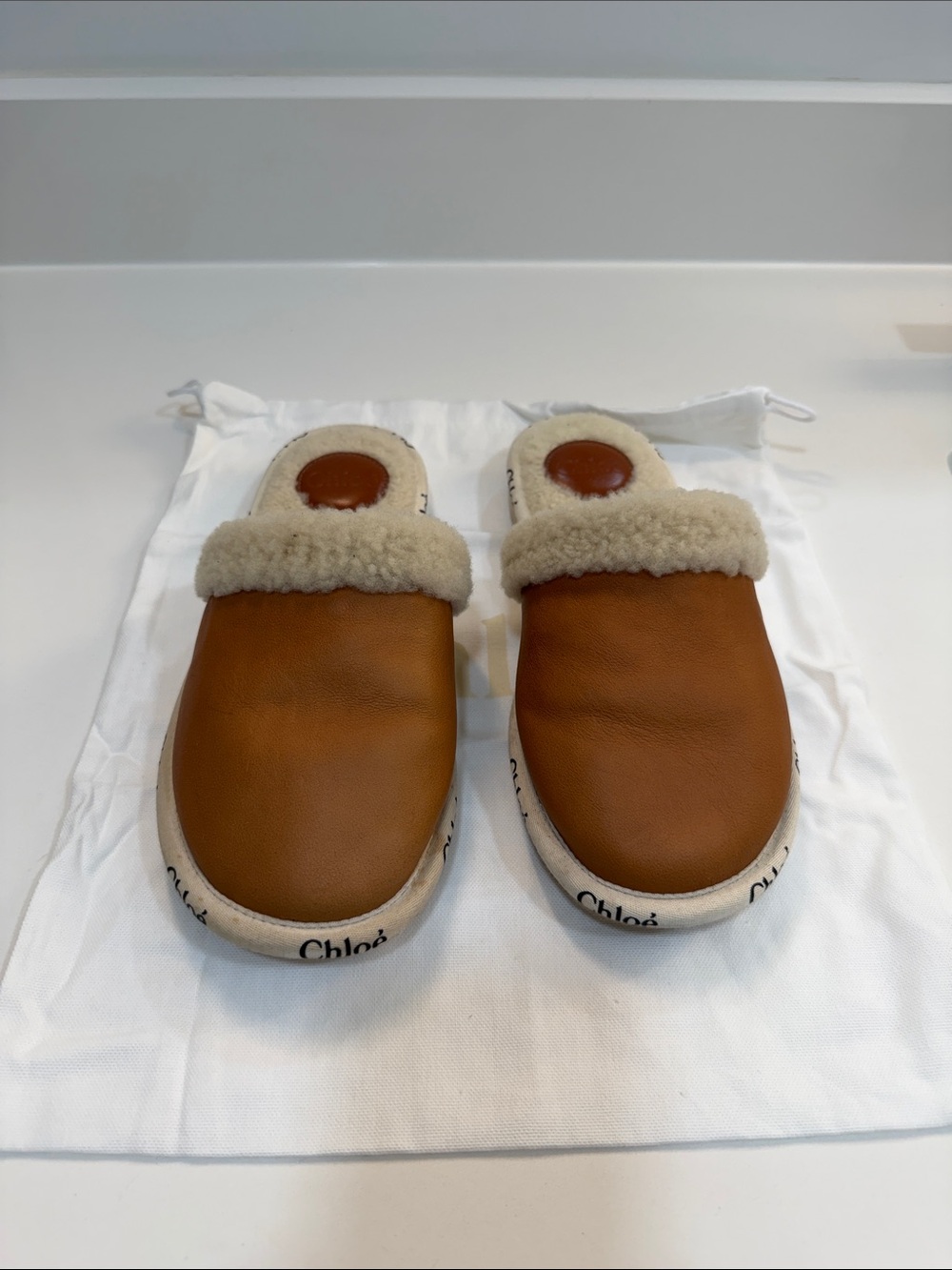 Chloe Cognac Leather Shearling-Trim Mules